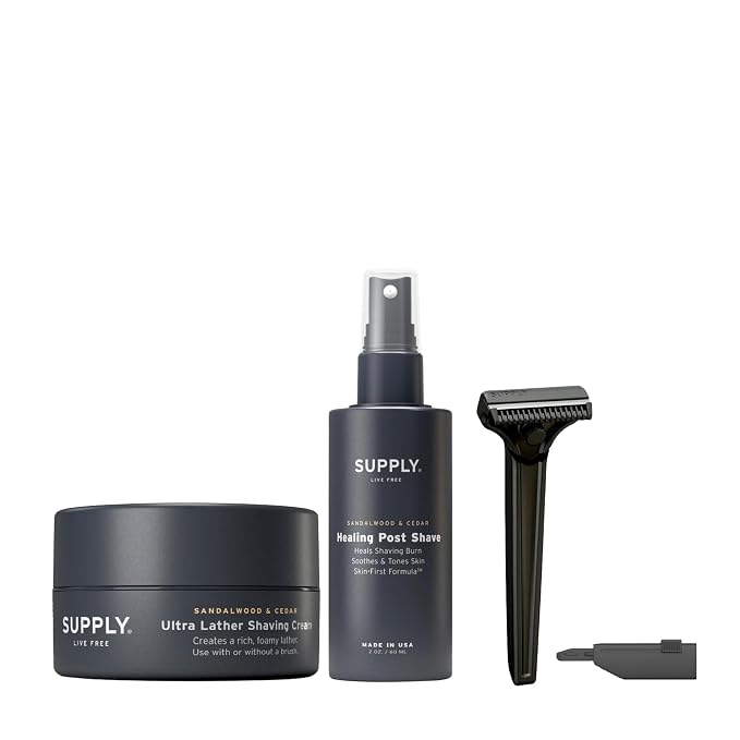 SUPPLY Single Edge SE Shaving Starter Kit for Men – Includes Safety Razor in Classic Matte, 8 Black Label Blade Refills and Shaving Cream 3.4 oz & Post Shave Lotion 2 oz in Sandalwood & Cedar
