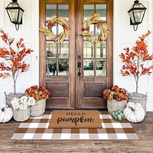 Homydecor Buffalo Plaid Outdoor Rugs, 24'' x 51'' Coffe and White Checkered Area Rug, Layering Rug for Hello/Welcome Door Mat, Washable Cotton Woven Farmhouse Mat for Front Porch Décor