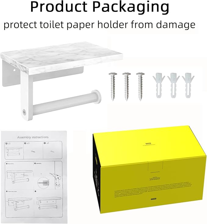Gypie Toilet Paper Holder with Natural Marble Shelf, 304 Stainless Steel Screw Wall Mounted, Tissue Roll Paper Holder Dispenser for Bathroom Washroom White