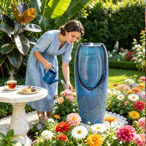Autodaya 33" H Ceramic Jar Outdoor Water Fountain, Banana Leaf-Texture