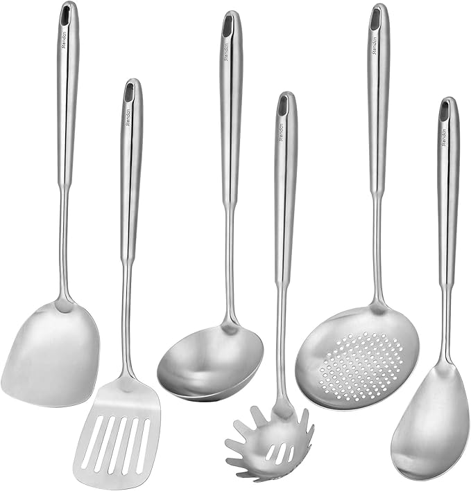 6 PCS All Metal Cooking Utensils Set - 18/10 Stainless Steel Kitchen Tools | Professional Cooking Spoons Set, 15" Spatula, Ladle, Skimmer Spoon, Pasta Serve, Large Spoon, Slotted Spatula Turner
