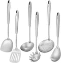 6 PCS All Metal Cooking Utensils Set - 18/10 Stainless Steel Kitchen Tools | Professional Cooking Spoons Set, 15" Spatula, Ladle, Skimmer Spoon, Pasta Serve, Large Spoon, Slotted Spatula Turner