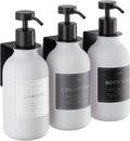 Shower Shampoo Dispenser Wall Mounted – 3 Refillable 16.9 oz White Bottles with Stainless Steel Pumps & No-Drill Adhesive Holders – Soap Dispenser Set for Bathroom (3 X White/Black)