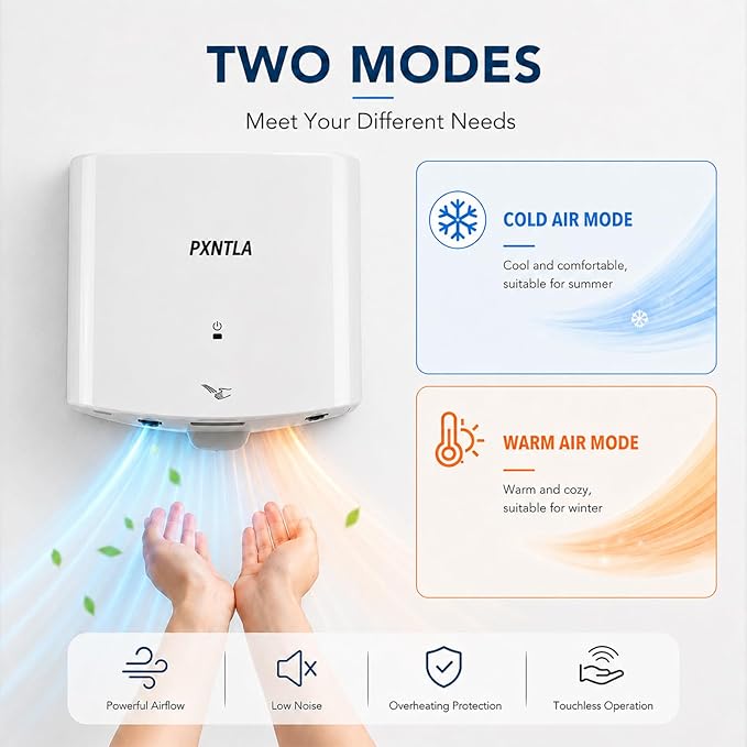 Hand Dryer, 12-15 Seconds Fast Dry Hands, 100-130V Voltage, Bottom Hot & Cold Air Switch, IPX1 Waterproof & 60s Overheat Protection