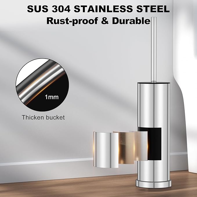 Silver Toilet Brush and Holder Set，Stainless Steel Heavy Duty Toilet Bowl Brush，Extra Long Handled Modern Toilet Cleaner Brush with Replaceable Head, Removable Inner Bowl, and Splash Protection