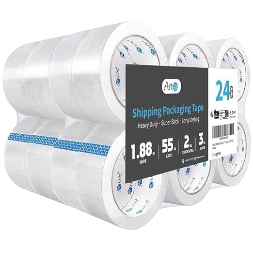 Art3d 24 Rolls Carton Sealing Tape Heavy Duty, 1.88" x 55 yds, 2 mil Thick | 2.2 mil Thick, Carton Sealing, Strong Adhesive Tape for Shipping Moving Boxes, Home and Office Use