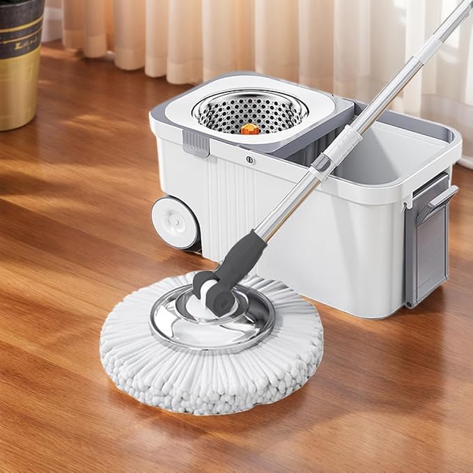 360 Spinning Floor Cleaning System with 6 Replacement Head Refills Extended Handle Hand-Free Automatic Dehydration Mop Cleaning with Bucket for Household Floor Cleaning (White Blue)