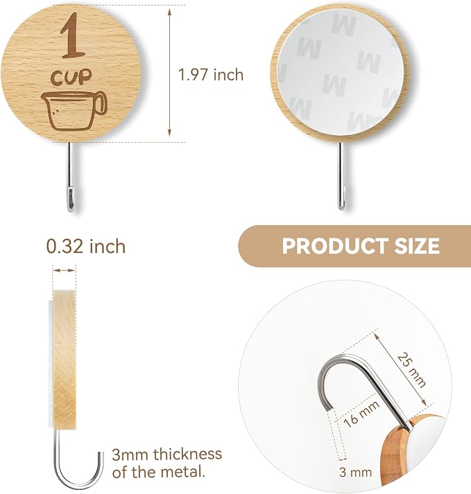 Measuring Cup and Spoon Organizer, 12 Pack Adhesive Wood Hooks for Hanging, Kitchen Hooks for Space Saving Storage