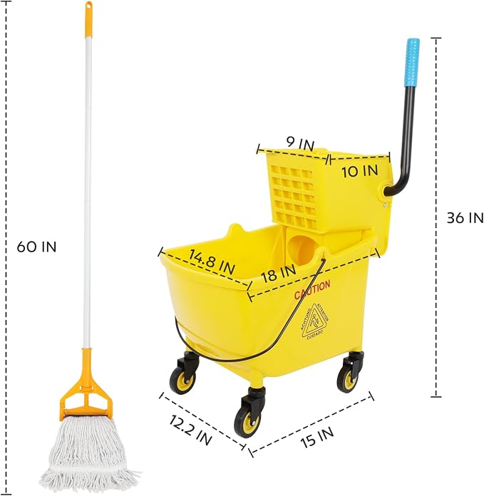 35 Qt Commercial Mop Bucket with Side Press Wringer on Wheels, Mop and Bucket Set, Add One Industrial Mop and One Mop Head Replacement