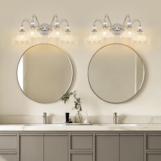 Brushed Nickel Bathroom Vanity Light, 4-Light Nickel Finish Wall Sconce with Hanging Crystal Accents and Flower-Shaped Clear Glass Shades, Modern Wall Mount Vanity Light Over Mirror for Bathroom