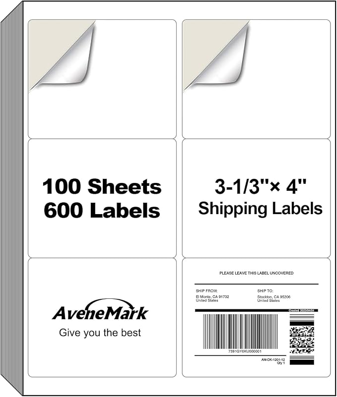 AveneMark 100 Sheets 600 Labels Shipping Address Labels, 6 up 3-1/3" x 4" Quick to Peel Stickers Paper for Laser & Inkjet Printers, Printable Mailing Labels Stickers (6 Labels per Page Sheet)