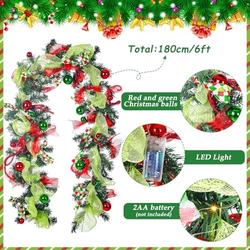 Riceshoot 6 ft Red Green Christmas Artificial Garland with LED Lights