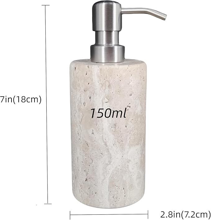 Natural Travertine Marble Soap Dispenser with Stainless Steel Pump, Marble Lotion Liquid Soap Bottles for Kitchen Bathroom