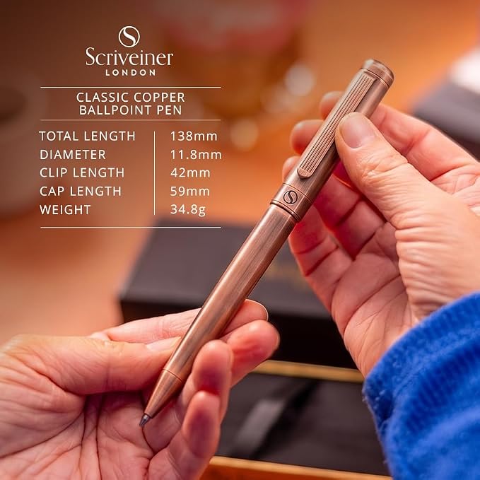 Scriveiner Copper Ballpoint Pen - Stunning Luxury Pen, Schmidt Black Refill, Best Ball Pen Gift Set for Men & Women, Professional Executive Office, Nice Fancy Designer Pens