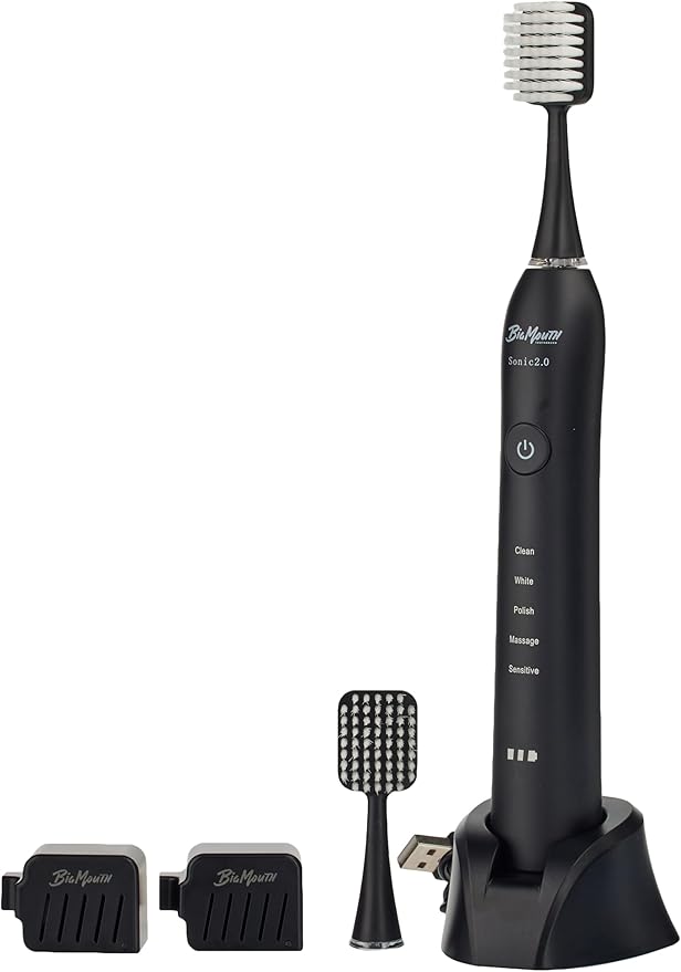 Dr Bobbi Big Mouth Electric Toothbrush for Adults | Ultrasonic Rechargeable Tooth Brush with 5 Cleaning Modes & 2-Minute Smart Timer | Extra Electric Toothbrush Heads Included | Black