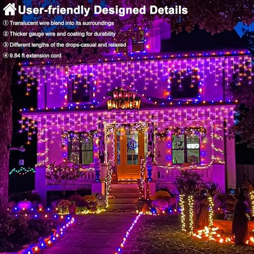 33ft Orange and Purple Halloween Lights Outdoor, 400 LED Icicle Lights for Outside House Decor, Connectable Clear Wire Twinkle String Lights with 8 Modes, Timer, Waterproof for Holiday Party Tree Yard