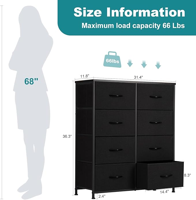 OLIXIS 8 Drawer Storage Dresser with Wood Top - Wide Fabric Chest Organizer for Bedroom, Closet, Living Room,Tower Cabinet, TV Stand, Hallway Entryway Furniture,Black