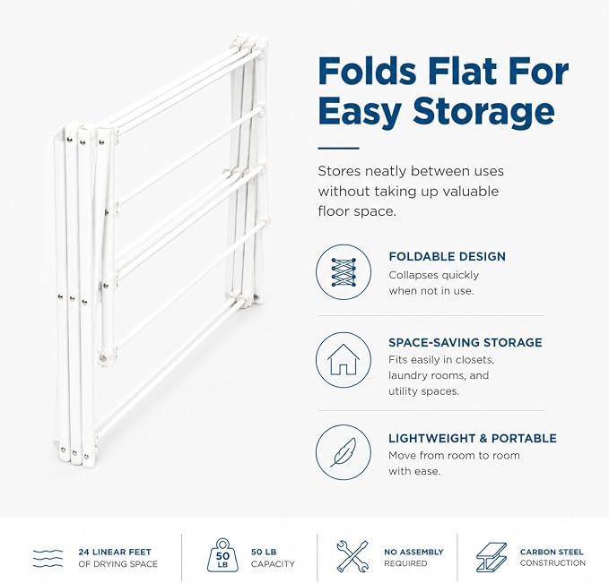 Honey-Can-Do 6-Tier Collapsible Clothes Drying Rack, 30", No Assembly, Grey | Accordion frame opens to 6 tiers with 24 ft of drying space, then folds flat to 3 in. Rust-resistant coated steel.