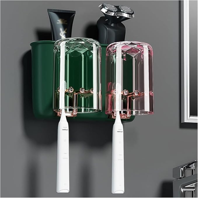 Toothbrush Rack Wall Mounted Toothbrush Holder Multifunctional Bathroom Storage Rack with Mouthwash Cup, Toothpaste Squeezer Kit Bathroom Toothbrush Holder(A)
