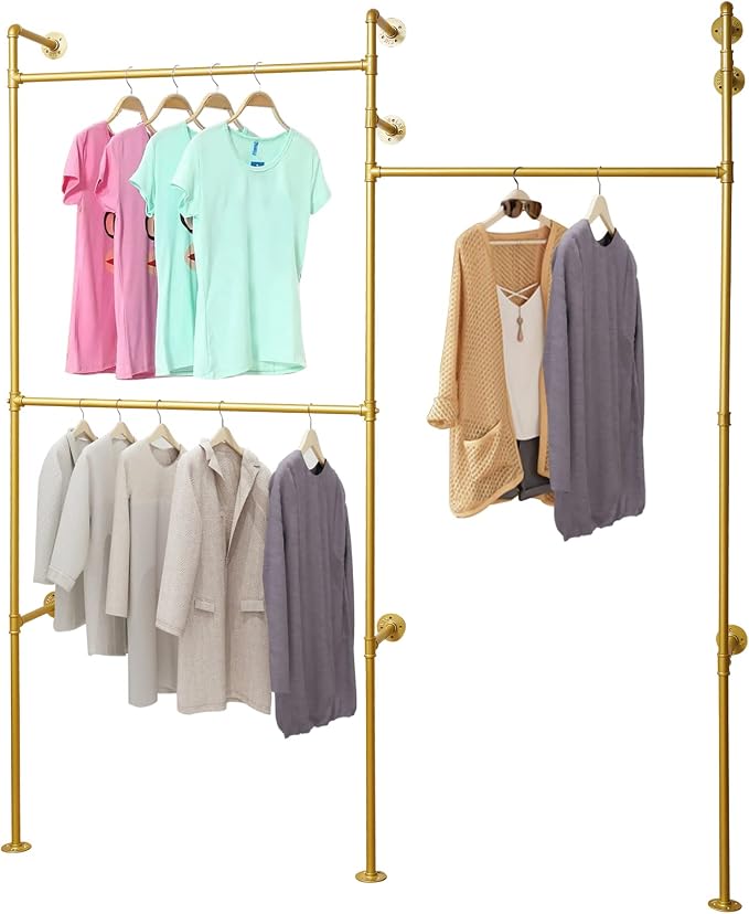 Industrial Pipe Clothing Rack Wall Mounted Clothing Racks 3 Shelves Clothes Organizer with 3 Hanging Rods, Garment Rack for Homes, Laundry Room, Hotels (Gold)