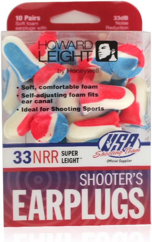Howard Leight by Honeywell Super Leight USA Disposable Foam Shooting Earplugs, 10-Pairs (R-01891),Red/White/Blue