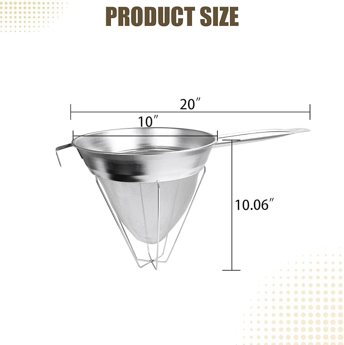 10 Inch Chinois Strainer,18/8 Stainless Steel Conical Fine Mesh Bouillon Sieve, Heavy Duty China Cap Strainers with Stand for Sauces Soups Broth Purees Jam