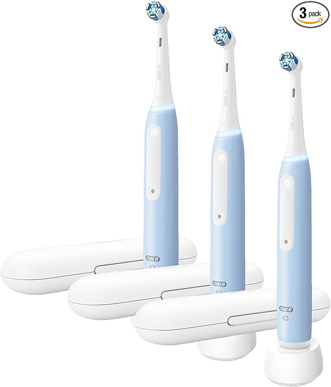 Oral-B Rechargeable Electric Toothbrush, iO3 Limited Deep Clean, 3 Cleaning Modes, Visual Pressure Sensor to Protect Gums, 2 Brush Heads, Travel Case, ICY Blue (Pack of 3)