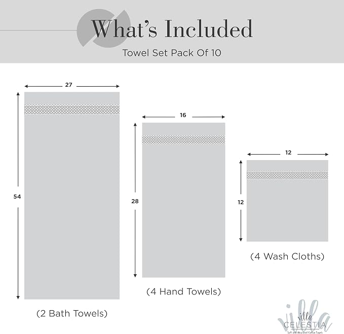 Villa Celestia 10-Piece 100% Cotton Towel Set, 2 Bath Towels, 4 Hand Towels, 4 Wash Cloth, Quick-Dry, Silver