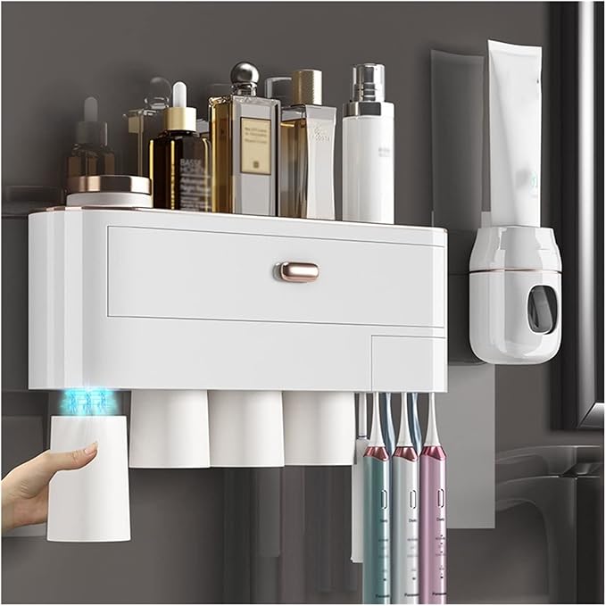 Toothbrush Rack Wall-Mounted Toothbrush Holder Punch-Free Multifunctional Storage Rack with Mouthwash Cup Toothpaste Squeezer Kit Bathroom Toothbrush Holder(A,Small)