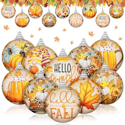Outus 16 Pcs Fall Ornaments for Tree Autumn Thanksgiving Ball Decorations Pumpkin Maple Leaf Hanging Ornament for Fall Autumn Harvest Home Fireplace and Holiday Party Supplies