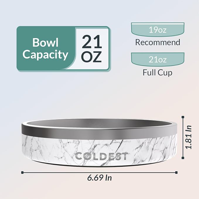 Coldest Dog Bowl - Anti Rust Metal, Non Slip, 3 Layers Insulated Stainless Steel Dog Bowls - Spill Proof & Heavy Duty - Water Bowl for Dogs, Cats & Pets, Dish Washer Safe (21 oz, Carrara Marble)