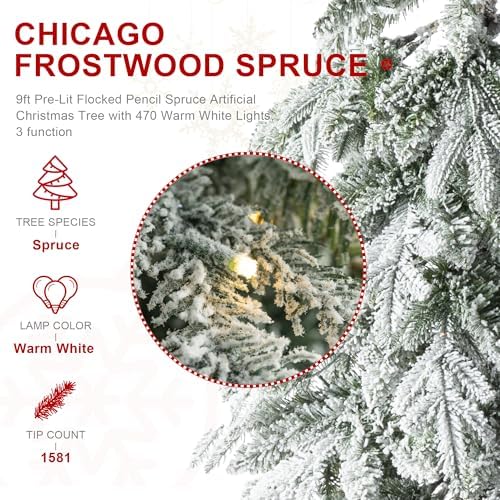 Glitzhome 9ft Prelit Christmas Tree, Artificial Christmas Tree with 470 Warm White Lights, Flocked Pencil Christmas Tree Chicago Frostwood Spruce w/1581 PE&PVC Branch Tips and Sturdy Metal Stand
