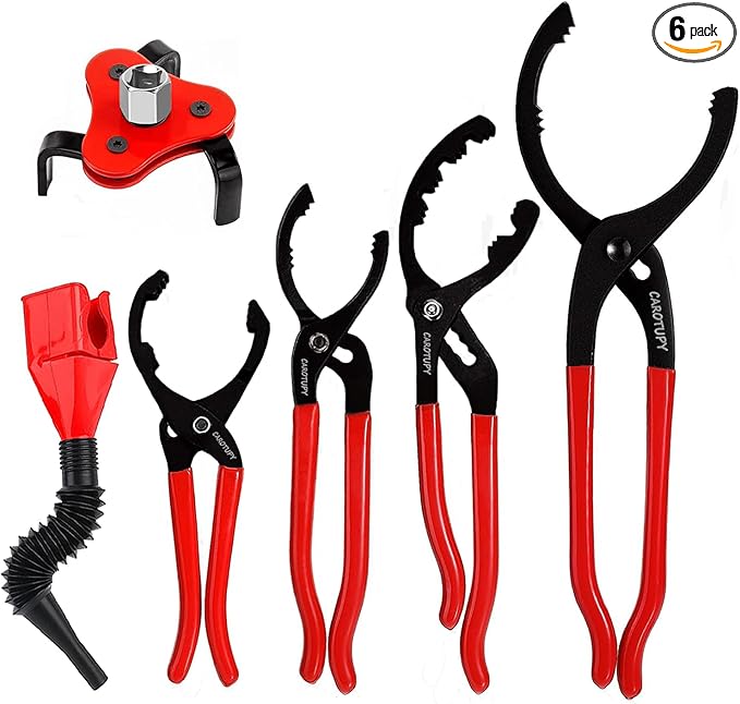 6Pcs Oil Filter Pliers Set, Universal Oil Filter Wrench with Oil Funnel, 10" & 12" & 14" & 16" Premium Oil Filter Removal Tool From 1-1/4" to 8-1/2"