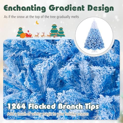 HAPPYGRILL 7 FT Pre-lit Flocked Christmas Tree Blue Hinged Xmas Tree with 1264 Branch Tips, 350 Warm White LED Lights & Folding Metal Stand, for Home Office Carnival