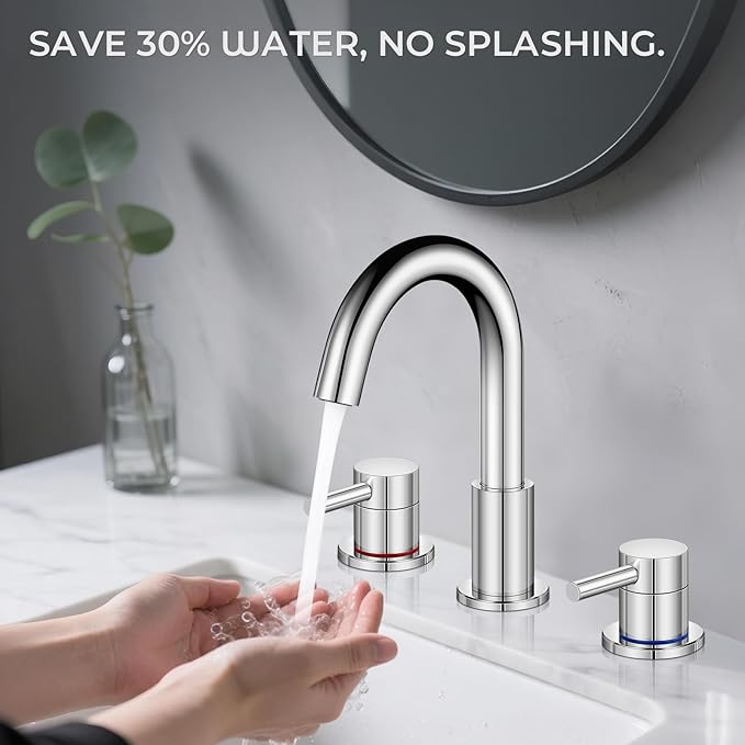 Bathroom Faucet 3 Hole, Chrome Bathroom Sink Faucet with Pop Up Drain, 8 inch Widespread Bathroom Faucet with 360° Swivel Spout, 2 Handle Vanity Faucet with Water Supply Hoses