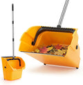 Jumbo Commercial Dustpan with Wheels & Comb Teeth - Heavy Duty 14.2" Rolling Debris Pan - Long Handle Extra Large Upright Dust Pan for Industrial Warehouse Garage Restaurant Sidewalk Outdoor - Yellow