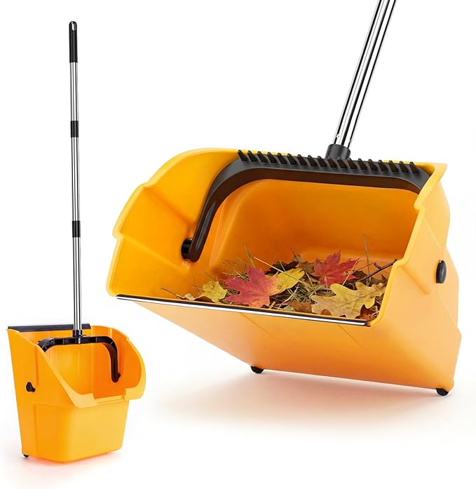 Jumbo Commercial Dustpan with Wheels & Comb Teeth - Heavy Duty 14.2" Rolling Debris Pan - Long Handle Extra Large Upright Dust Pan for Industrial Warehouse Garage Restaurant Sidewalk Outdoor - Yellow