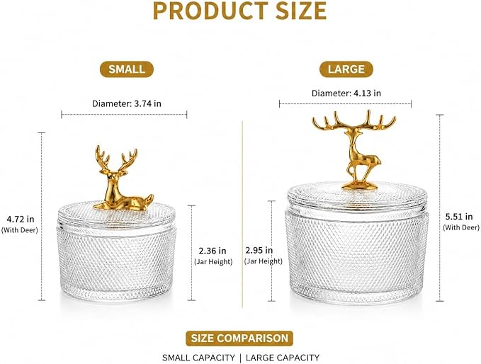 Glass Sugar Bowl Set of 2 with Gold Metal Deer Lid Handle | Diamond-Cut Texture, Small & Large Sizes, Clear Glass Body, Lidded Storage Jars, Decorative Deer Figurine