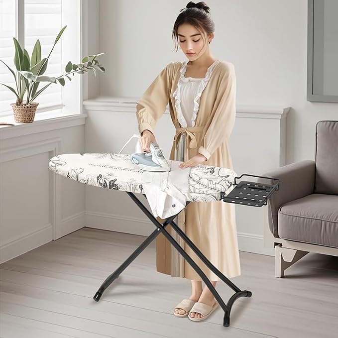 Ironing Board,Foldable Ironing Board Adjustable Height Compact Iron Board Thick Steel Tube Iron Board with Holder,Replacing Cloth Cover and Mini Handheld Gloves, Gift for Women(Leaf Print)