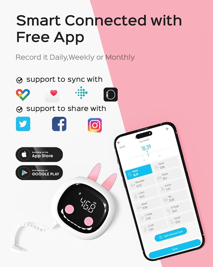 Smart Body Tape Measure with Cute Rabbit Silicone Case, Bluetooth Body Measuring Tape for Weight Loss & Muscle Gain, Digital Waist Measure Syncs with App