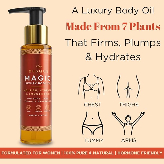 Besque Original Magic Body Oil, 3.4 FL OZ, After Shower Body Oil For Women, Hydrating Skin Care For Full Body That Plumps, Tightens, & Firms Skin With Natural Ingredients, Made In UK - Pack of 1
