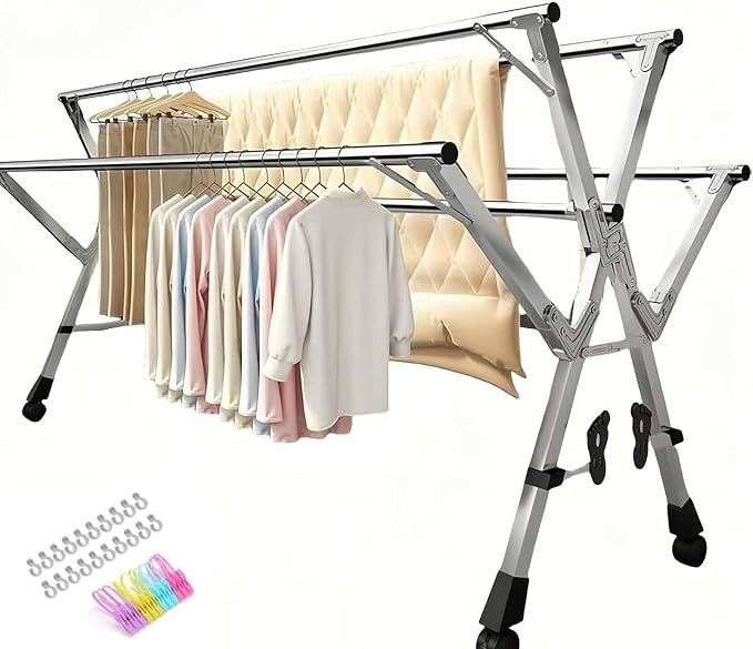 Adjustable Clothes Drying Rack,Folding Blanket Rack,5-Bar | Stainless Steel Laundry Stand,Laundry Drying Rack with Wheels,Extendable from 59 to 94.5 Inches,Hooks,for Indoor Outdoor
