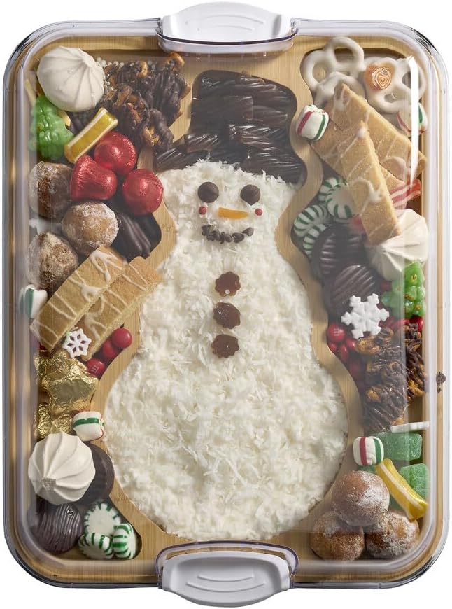 Farberware Build-A-Board Snowman Shaped Bamboo Serving Board with Clear Lid, Make and Take Holiday Charcuterie and Dessert Tray