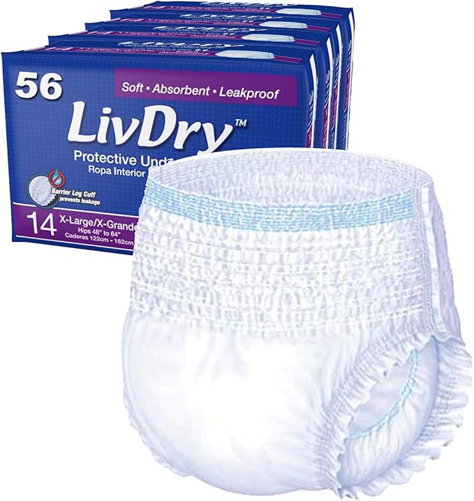 LivDry Adult XL Incontinence Underwear, Extra Absorbency Adult Diapers, Leak Protection, X-Large, 56-Pack