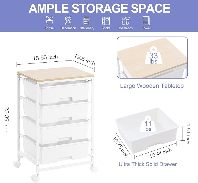 SYKIARIOL Utility Cart with 4 Drawers, Multipurpose Rolling Storage Cart with 4 Drawers and 2 Lockable Wheels, 4-Tier Rolling Storage Cart Organizer for Home Office Dorm, Bright White