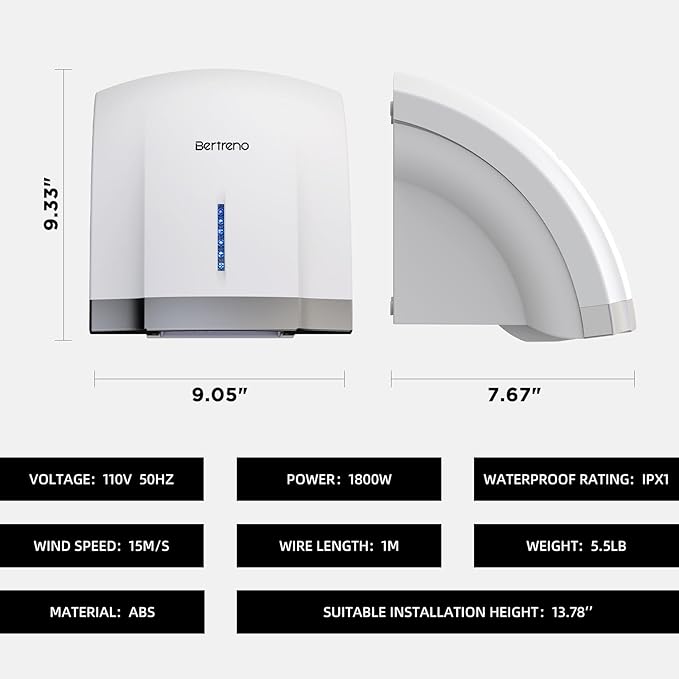Commercial Hand Dryer Electric Compact Hand Dryer for Bathrooms Commercial 1800W High Speed Hand Dryer with Hot Cold Air and Noise Reduction 110V White