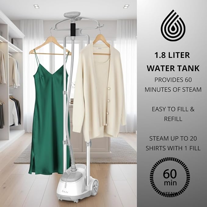SALAV GS45-DJ Professional Upright Garment Steamer with Roll Wheels, Multi-Function Extra Wide Hanger, Fabric Brush & Mini Ironing Paddle, 1500 watts, Silver