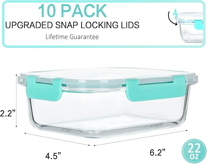 M MCIRCO 10-Pack 22 Oz Glass Meal Prep Containers with Lids - Microwave, Oven, Freezer & Dishwasher Safe - Green