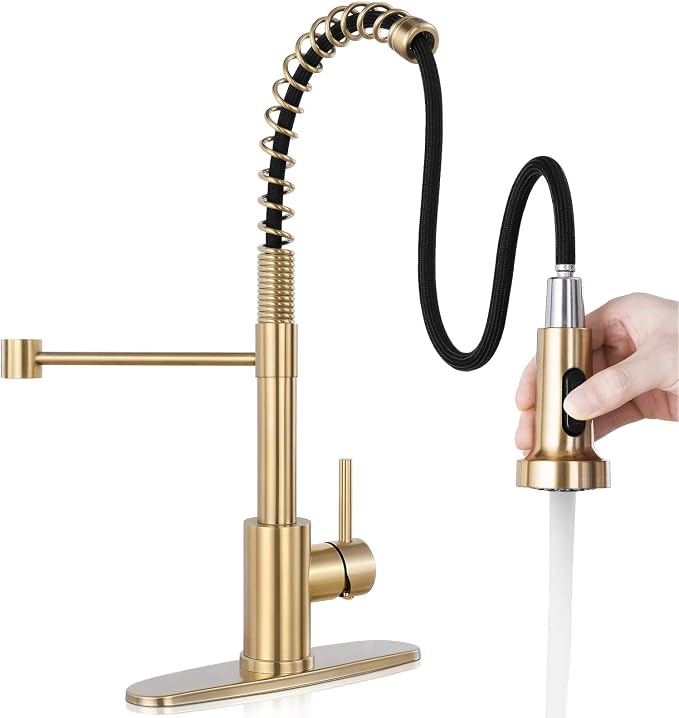 Kitchen Faucet with Pull Down Sprayer, Brushed Gold | 2-mode sprayer, 360° high arc spout, 304 SS build, drip-free valve, fingerprint-resistant, DIY install, NSF certified