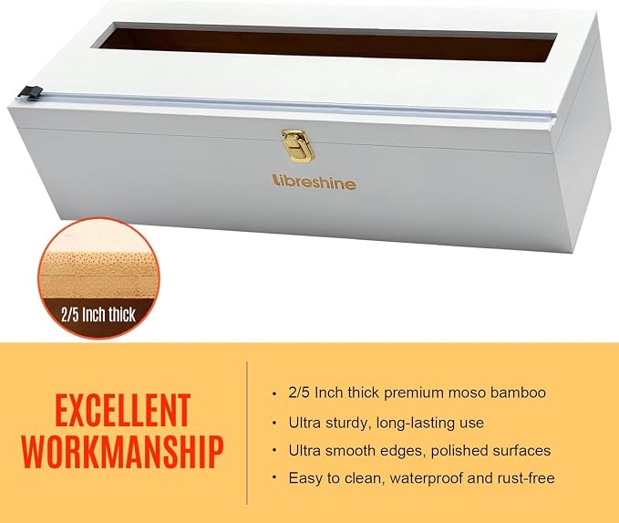 Libreshine White 18 Inch Plastic Wrap Dispenser with Slide Cutter & Roller, Heavy Duty Bamboo Commercial Film Wrap Holder for 3000ft Food Service Cling Film, 1000ft Foil, Butcher/Freezer/Kraft Paper